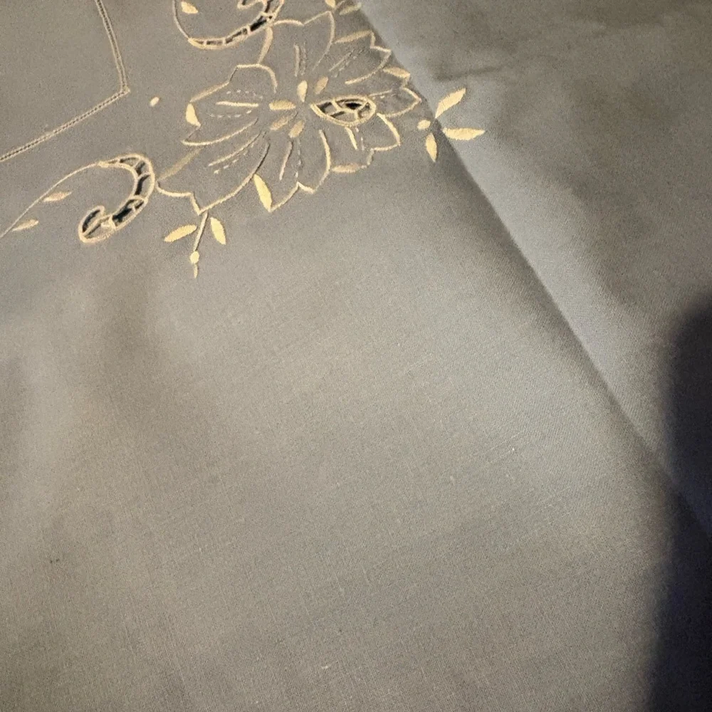 Vintage Blue Embroidered Linen Tablecloth 32x35 Floral Cutwork Tea Cottagecore